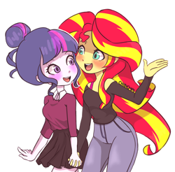 Size: 2468x2431 | Tagged: safe, artist:chibicmps, sci-twi, sunset shimmer, twilight sparkle, human, equestria girls, g4, my little pony equestria girls: friendship games, blushing, clothes, cute, denim, female, holding hands, jeans, lesbian, off shoulder, pants, ship:sci-twishimmer, ship:sunsetsparkle, shipping