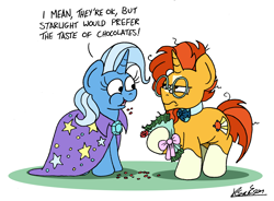 Size: 2268x1665 | Tagged: safe, artist:bobthedalek, sunburst, trixie, pony, unicorn, g4, backwards cutie mark, blaze (coat marking), bouquet, bowtie, coat markings, duo, eating, eating flower, facial markings, female, flower, hearts and hooves day, herbivore, hoof hold, horn, horses doing horse things, implied shipping, implied starburst, implied straight, inconvenient trixie, male, mare, socks (coat markings), stallion, sunburst is not amused, unamused