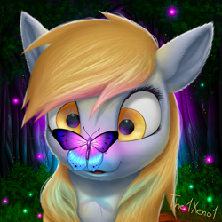 Size: 1500x1500 | Tagged: safe, artist:the1xeno1, derpy hooves, butterfly, pegasus, pony, g4, butterfly on nose, cute, derpabetes, female, fluffy, insect on nose, mare, smiling, tree, weapons-grade cute