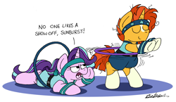 Size: 2408x1400 | Tagged: safe, artist:bobthedalek, starlight glimmer, sunburst, pony, unicorn, g4, alternate hairstyle, belt, bipedal, blaze (coat marking), clothes, coat markings, dialogue, exercise, eyes closed, facial markings, female, horn, hula, loop-de-hoop, male, mare, ponytail, shorts, simple background, smiling, socks (coat markings), stallion, starlight glimmer is not amused, sweatband, unamused, vest, white background, workout outfit, wristband