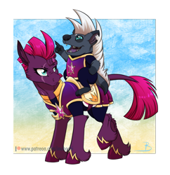 Size: 1600x1655 | Tagged: safe, artist:inuhoshi-to-darkpen, fizzlepop berrytwist, grubber, tempest shadow, pony, unicorn, g4, my little pony: the movie, annoyed, armor, broken horn, duo, dusk guard, eye scar, eyebrows, facial scar, female, gradient background, horn, leonine tail, mare, patreon, patreon logo, raised eyebrow, riding, royal guard, scar, tail, tempest becomes a royal guard, tempest shadow is not amused, torn ear, twilight's royal guard, unamused, unshorn fetlocks