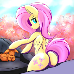 Size: 1200x1200 | Tagged: safe, artist:canister, fluttershy, eevee, pegasus, pony, semi-anthro, g4, arm hooves, butt, female, flutterbutt, looking back, mare, petting, plot, pokémon, pokémon red and blue, tree