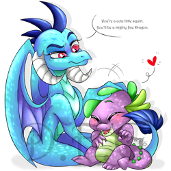 Size: 1600x1600 | Tagged: safe, artist:dragonfoxgirl, princess ember, spike, dragon, g4, gauntlet of fire, my little pony: friendship is magic, duo, eyebrows, female, heart, male, petting, raised eyebrow, simple background, spikelove, transparent background, watermark