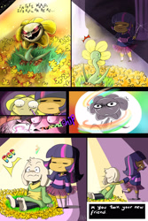 Size: 2000x3000 | Tagged: safe, artist:daughter-of-fantasy, twilight sparkle, human, g4, :|, =~=, asriel dreemurr, comic, crossover, dialogue, dragging, flowey, friendship, frisk, frown, glare, glowing, glowing eyes, good end, grin, horn wand, humanized, magic, open mouth, pulling, shivering, smiling, smirk, spoilers for another series, sweat, twilight friskle, undertale, wand, wat, wide eyes