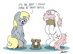 Size: 2211x1633 | Tagged: safe, artist:bobthedalek, derpy hooves, nurse redheart, earth pony, pegasus, pony, g4, clipboard, derpy being derpy, dialogue, duo, facepalm, faceplant, female, implied poop, mare, misunderstanding, pun, sample, sitting, stool, text, visual pun