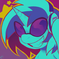 Size: 1000x1000 | Tagged: safe, artist:moonixora, dj pon-3, vinyl scratch, pony, unicorn, g4, glasses, headphones, horn, icon, lightly watermarked, multicolored mane, profile picture, simple background, smiling, solo, watermark