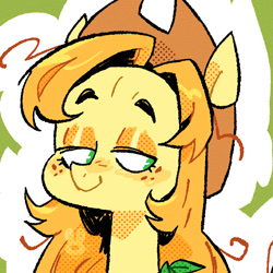 Size: 1080x1080 | Tagged: safe, artist:batzy-artz, part of a set, applejack, earth pony, pony, g4, alternate coat color, alternate color palette, alternate design, alternate hairstyle, alternate mane color, applejack's hat, cowboy hat, eyelashes, eyeshadow, female, freckles, green eyes, hat, lidded eyes, long neck, looking away, makeup, mare, no pupils, orange eyeshadow, orange mane, redesign, screentone, shiny mane, smiling, solo, stetson, three quarter view, watermark, yellow coat