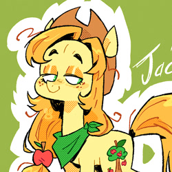 Size: 1080x1080 | Tagged: safe, artist:batzy-artz, part of a set, applejack, earth pony, pony, g4, alternate coat color, alternate color palette, alternate cutie mark, alternate design, alternate hairstyle, alternate mane color, alternate tail color, applejack's hat, bandana, cowboy hat, cutie mark accessory, cutie mark hair accessory, eyelashes, eyeshadow, female, freckles, green eyes, hair accessory, hairclip, hat, lidded eyes, long neck, looking away, looking back, makeup, mare, name, neckerchief, no pupils, orange eyeshadow, orange mane, orange tail, ponytail, redesign, screentone, shiny mane, smiling, solo, standing, stetson, tail, three quarter view, tied mane, watermark, yellow coat