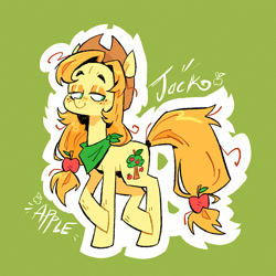 Size: 1080x1080 | Tagged: safe, artist:batzy-artz, part of a set, applejack, earth pony, pony, g4, alternate coat color, alternate color palette, alternate cutie mark, alternate design, alternate hairstyle, alternate mane color, alternate tail color, applejack's hat, bandana, cowboy hat, crossed hooves, crossed legs, cutie mark accessory, cutie mark hair accessory, eyelashes, eyeshadow, female, freckles, green background, green eyes, hair accessory, hairclip, hat, lidded eyes, long neck, looking away, looking back, makeup, mare, name, neckerchief, no pupils, orange eyeshadow, orange mane, orange tail, outline, ponytail, raised hoof, raised leg, redesign, screentone, shiny mane, simple background, smiling, solo, standing, standing on two hooves, stetson, tail, tail clip, three quarter view, tied mane, tied tail, watermark, white text, yellow coat