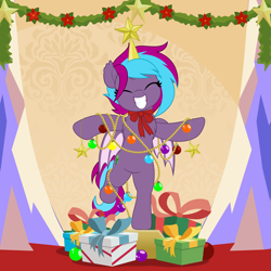 Size: 5000x5000 | Tagged: safe, artist:jhayarr23, oc, oc only, oc:cloud twist, bat pony, pony, balancing, bat pony oc, bat wings, bow, christmas, christmas star, eyes closed, garland, holiday, male, present, smiling, solo, stallion, wings