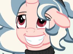 Size: 1600x1200 | Tagged: safe, artist:1611volk, oc, oc only, oc:vivi poff, pony, unicorn, g4, bust, clothes, female, floppy ears, grin, horn, mare, simple background, smiling, solo, sweater, turtleneck