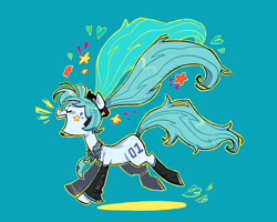 Size: 1350x1080 | Tagged: safe, artist:batzy-artz, earth pony, pony, blue background, blue coat, blue mane, blue tail, clothes, emanata, eyelashes, eyes closed, female, floating heart, flowing mane, flowing tail, hairclip, hatsune miku, headset mic, heart, leg warmers, light blue coat, long mane, long tail, mare, microphone, necktie, open mouth, open smile, outline, pigtails, ponified, running, sailor collar, shiny mane, shiny tail, simple background, smiling, socks, solo, stars, tail, tied mane, twintails, vocaloid, watermark