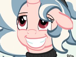 Size: 1600x1200 | Tagged: safe, artist:1611volk, oc, oc only, oc:vivi poff, pony, unicorn, g4, bust, clothes, female, floppy ears, grin, horn, mare, simple background, smiling, solo, sweater, turtleneck