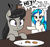 Size: 1587x1500 | Tagged: safe, artist:vomitvomiting, dj pon-3, octavia melody, vinyl scratch, earth pony, pony, unicorn, g4, caught, christmas, cookie, cookie thief, duo, eating, exclamation point, food, holiday, horn, implied santa, simple background, speech bubble