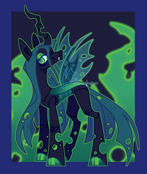 Size: 3200x3800 | Tagged: safe, artist:caramelushy, queen chrysalis, changeling, changeling queen, g4, colored hooves, female, fire, green fire, hooves, smiling, solo