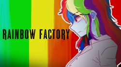 Size: 1999x1111 | Tagged: safe, artist:makaryo, rainbow dash, human, fanfic:rainbow factory, equestria girls, g4, bust, clothes, fanfic art, female, lab coat, rainbow background, rainbow factory dash, solo, title