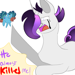 Size: 1280x1280 | Tagged: safe, oc, oc:cottonswab, oc:misty, earth pony, unicorn, attempted murder, blue mane, curly tail, duo, emo mane, horn, makeup, male, my little pony: the protectors of harmony, offspring, parent:prince blueblood, parent:rarity, parents:meadownambula, parents:rariblood, peach mane, puffy mane, purple mane, purple text, red text, running makeup, stallion, tail, white coat, yelling