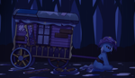 Size: 4043x2357 | Tagged: safe, artist:maren, trixie, pony, unicorn, g4, broken wheel, clothes, female, hat, horn, mare, outdoors, rain, sad, solo, the sad and depressive trixie, tree, trixie's hat, trixie's wagon, wagon, wet