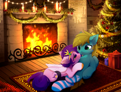 Size: 4511x3448 | Tagged: safe, artist:empress-twilight, pipp petals, oc, oc:mint drift, pegasus, pony, g5, blonde mane, blonde tail, blue coat, blue hooves, blue socks, candle, canon x oc, cheek fluff, chest fluff, christmas, christmas tree, clothes, coat markings, colored eyelashes, colored hooves, colored pupils, colored wings, commission, cuddling, detailed background, diadem, ear fluff, eye clipping through hair, eyebrows, eyebrows visible through hair, eyelashes, feathered wings, female, fireplace, floppy ears, folded wings, gold hooves, gradient legs, green eyes, headpiece, hearth's warming, high res, holiday, hooves, indoors, jewelry, lidded eyes, looking at each other, looking at someone, lying down, male, on back, orange hooves, pegasus oc, pink coat, pink wings, present, profile, purple eyelashes, purple mane, purple pupils, purple socks, purple tail, regalia, rug, shoulder fluff, smiling, smiling at each other, socks, socks (coat markings), straight, striped socks, tail, teal coat, three quarter view, tree, wings, wreath, ych result