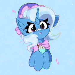 Size: 2000x2000 | Tagged: safe, artist:jubyskylines, trixie, pony, unicorn, g4, :p, blue background, clothes, cute, diatrixes, drink, emanata, female, food, hat, hooves to the chest, horn, looking at you, mare, mug, scarf, simple background, smoothie, snow, solo, tongue out, whipped cream