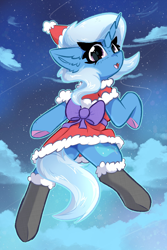 Size: 2000x3000 | Tagged: safe, artist:jubyskylines, trixie, pony, unicorn, g4, christmas, clothes, cloud, female, hat, holiday, horn, looking at you, looking back, looking back at you, mare, miniskirt, night, night sky, outdoors, santa hat, skirt, sky, solo, stars, stockings, thigh highs