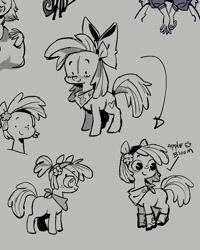 Size: 1080x1350 | Tagged: safe, artist:batzy-artz, apple bloom, earth pony, pony, g4, alternate accessories, alternate design, alternate hairstyle, apple bloom's bow, arrow, bandana, boots, bow, doodle, dot eyes, female, filly, flower, flower in hair, foal, freckles, gray background, grayscale, hair accessory, hair bow, headband, mane accessory, monochrome, neckerchief, ponytail, screentone, shoes, simple background, smiling, solo, standing, tied mane, turned head