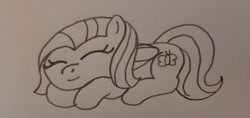 Size: 1280x602 | Tagged: safe, artist:lunashy21, fluttershy, pegasus, pony, g4, curled up, cute, cute smile, cuteness overload, daaaaaaaaaaaw, eyes closed, female, fluttercute, flutternap, folded wings, lying down, mare, monochrome, nap, prone, shyabetes, simple background, sleeping, solo, traditional art, white background, wings