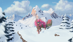 Size: 3000x1750 | Tagged: safe, artist:lionbun, oc, oc:cuddle cakes, unicorn, bells, christmas, commission, harness, holiday, horn, mountain, mountain range, painting, scenery, sled, snow