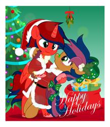 Size: 4333x5000 | Tagged: safe, artist:jhayarr23, oc, oc only, oc:lightning t bolt, oc:solar comet, alicorn, pegasus, alicorn oc, bandage, bow, boyfriend and girlfriend, christmas, christmas lights, christmas tree, clothes, costume, couple, dipping, female, hat, holding hooves, holiday, hoof around neck, horn, male, mare, mistletoe, pegasus oc, present, santa costume, santa hat, santa sack, stallion, tree, wings