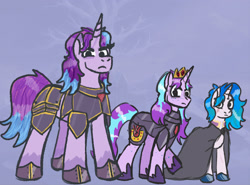 Size: 2048x1517 | Tagged: safe, artist:zoeyhorse, oc, oc only, oc:constantine bannokburn, oc:eilidh bannokburn, oc:thistle bannokburn, pony, unicorn, anatomically incorrect, armor, cloak, clothes, collar, colored hooves, crown, eye scar, facial scar, female, freckles, frown, height difference, hooves, horn, incorrect leg anatomy, jewelry, looking at you, male, mare, regalia, scar, stallion, trio