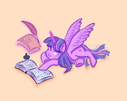 Size: 2250x1792 | Tagged: safe, artist:soleani, twilight sparkle, alicorn, pony, g4, book, female, glowing, glowing horn, high angle, horn, inkwell, looking up, lying down, mare, prone, quill, simple background, solo, spread wings, twilight sparkle (alicorn), underhoof, wings, yellow background