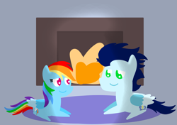 Size: 3553x2499 | Tagged: safe, anonymous artist, derpibooru exclusive, rainbow dash, soarin', pegasus, pony, series:soarindash all seasons, series:soarindash romantic tales, series:soarindash winter, female, fireplace, looking at each other, looking at someone, lying down, male, mare, pointy ponies, ship:soarindash, shipping, smiling, smiling at each other, stallion, straight