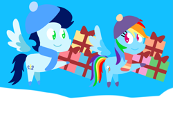 Size: 3553x2499 | Tagged: safe, anonymous artist, derpibooru exclusive, rainbow dash, soarin', pegasus, pony, series:soarindash hearth's warming, series:soarindash romantic tales, christmas, christmas gift, female, flying, hearth's warming, holiday, looking at each other, looking at someone, male, mare, pointy ponies, present, ship:soarindash, shipping, smiling, snow, stallion, straight, winter, winter clothes