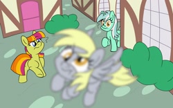 Size: 1350x840 | Tagged: safe, artist:unitxxvii, derpy hooves, lyra heartstrings, sweetcream scoops, pegasus, pony, unicorn, g4, butt, female, flying, horn, it's coming right at us, looking back, mare, missing horn, outdoors, plot, ponyville, question mark, trio