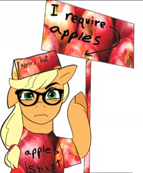 Size: 1302x1580 | Tagged: safe, artist:aztrial, applejack, earth pony, pony, g4, apple, clothes, cobson, female, food, glasses, hat, mare, meme, serious hat, sign, solo, soyjak, wojak