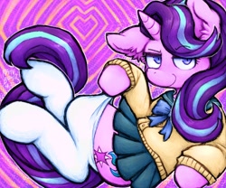 Size: 1280x1066 | Tagged: safe, alternate version, artist:ac1d_rainz, starlight glimmer, pony, unicorn, g4, abstract background, clothes, eyebrows, female, horn, looking at you, lying down, mare, on side, one ear down, raised eyebrow, school uniform, skirt, smiling, smirk, socks, solo, thigh highs, zettai ryouiki