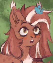 Size: 2200x2600 | Tagged: safe, artist:qe1qe, oc, oc only, butterfly, pony, bust, female, looking at something, looking up, mare, open mouth, ponytail, portrait, solo