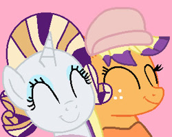 Size: 316x252 | Tagged: safe, artist:jadeharmony, applejack, rarity, earth pony, pony, unicorn, g4, bailey (wild manes), base used, clothes, cosplay, costume, crossover, duo, duo female, dyed mane, eyes closed, eyeshadow, female, finley (wild manes), freckles, hat, horn, implied finbailey, lesbian, makeup, mare, pink background, ship:rarijack, shipping, simple background, smiling, wild manes