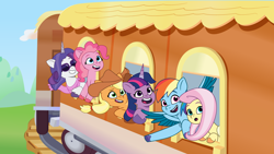 Size: 2400x1350 | Tagged: safe, artist:prixy05, applejack, fluttershy, pinkie pie, rainbow dash, rarity, twilight sparkle, alicorn, earth pony, pegasus, pony, unicorn, g4, g5, my little pony: tell your tale, female, friendship express, horn, leaning forward, locomotive, mane six, mare, steam locomotive, train, twilight sparkle (alicorn), window