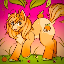 Size: 1000x1000 | Tagged: safe, artist:namelessplaza, oc, oc only, pony, unicorn, flower, flower in hair, food, gift art, horn, leaf, open mouth, orange