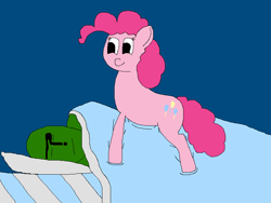 Size: 800x600 | Tagged: safe, pinkie pie, oc, oc:anon, earth pony, human, pony, g4, bed, silly, sleeping, smiling