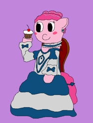 Size: 415x553 | Tagged: safe, artist:jittermouse, pinkie pie, pony, g4, blush sticker, blushing, chair, clothes, cupcake, dress, ear piercing, earring, food, jewelry, marie antoinette, ms paint, piercing, pinktober, sitting, solo