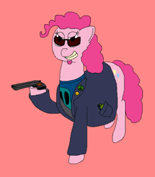 Size: 498x570 | Tagged: safe, artist:jittermouse, pinkie pie, earth pony, pony, g4, clothes, facial hair, grenade, grin, gun, ms paint, pinktober, postal 2, postal dude, shirt, smiling, solo, soul patch, sunglasses, t-shirt, trenchcoat, weapon