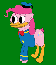 Size: 513x600 | Tagged: safe, artist:jittermouse, pinkie pie, bird, duck, earth pony, pony, g4, bowtie, clothes, cursed image, disney, donald duck, ms paint, pinktober, sailor uniform, solo, uniform