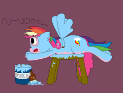 Size: 800x600 | Tagged: safe, artist:jittermouse, pinkie pie, rainbow dash, earth pony, pony, g4, bodypaint, clothes, cosplay, costume, fake wings, goggles, ms paint, paint, paintbrush, pretending to fly, safety goggles, solo, stool, wig