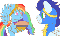 Size: 3752x2265 | Tagged: safe, artist:drawponiesblog, rainbow dash, soarin', pegasus, pony, g4, my little pony: friendship is magic, the best night ever, apple, apple pie, clothes, dress, female, food, gala dress, gown, male, mare, pie, rainbow dash's first gala dress, ship:soarindash, shipping, stallion, straight, uniform, wonderbolts, wonderbolts uniform