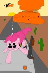 Size: 800x1200 | Tagged: safe, artist:jittermouse, pinkie pie, earth pony, pony, g4, action pose, bandolier, cactus, candy, car, desert, explosion, food, gun, helicopter, knife, lollipop, ms paint, nuclear explosion, outdoors, pinktober, shotgun, smiling, solo, sunglasses, sunset, weapon