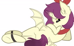 Size: 2556x1593 | Tagged: safe, oc, oc:erhai ripple, bat pony, pony, unicorn, back, butt, ear fluff, horn, lying down, on side, plot, solo, spread wings, underhoof, wings