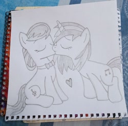 Size: 1280x1262 | Tagged: artist needed, source needed, safe, dj pon-3, octavia melody, vinyl scratch, pony, unicorn, g4, female, horn, kiss on the lips, kissing, lesbian, mare, ship:scratchtavia, shipping, simple background, sketch, traditional art, white background