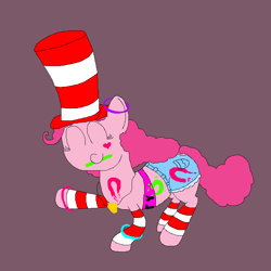 Size: 800x800 | Tagged: safe, artist:jittermouse, pinkie pie, earth pony, pony, g4, clothes, dancing, denim, denim shorts, eyes closed, glowstick, hat, heart, hoofprints, jewelry, leg warmers, ms paint, paint, pendant, pinktober, shorts, solo, stripes, top hat, tube top